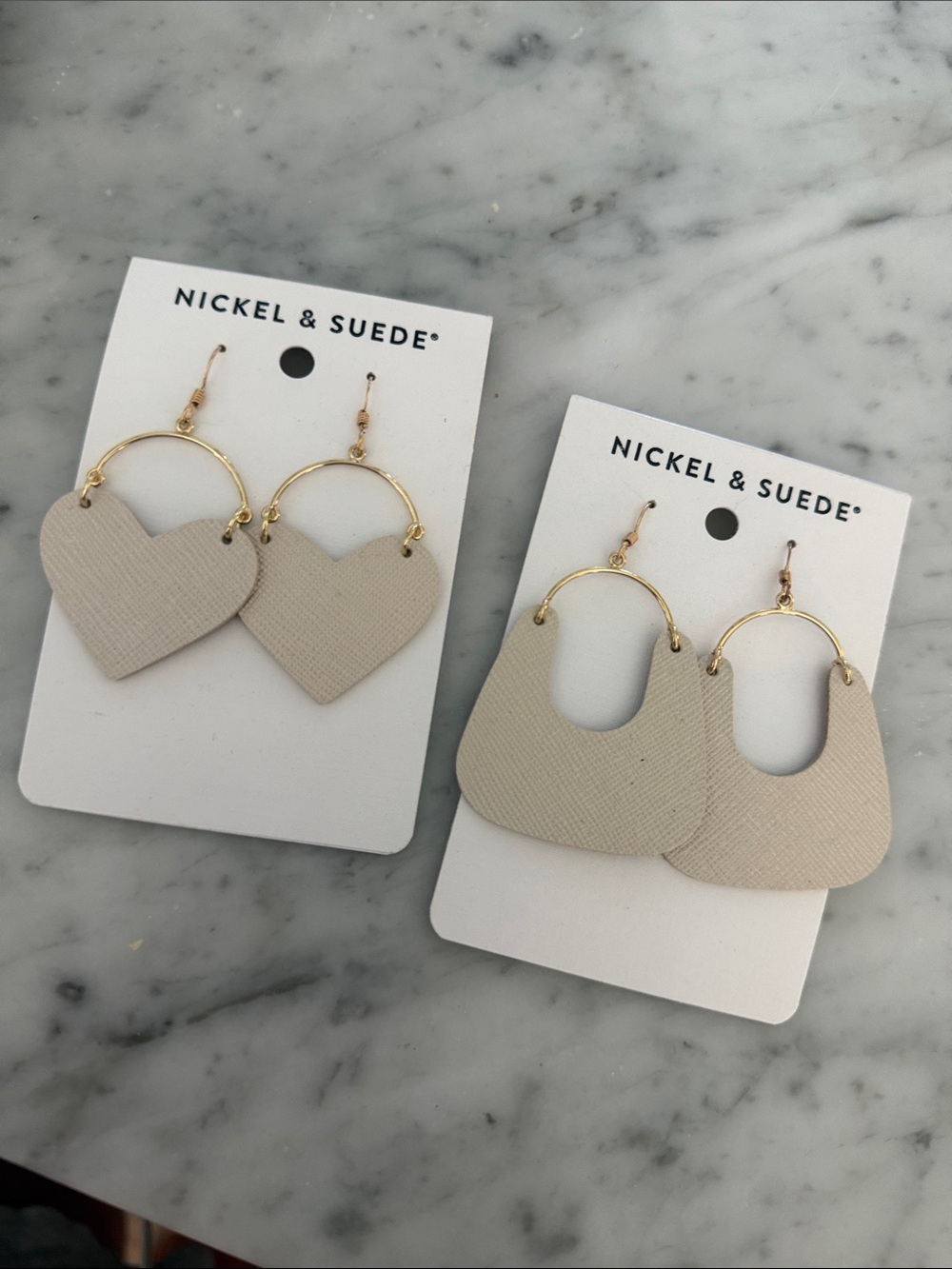 Nickel & Suede Beige Heart and Geometric Drop Earring Set